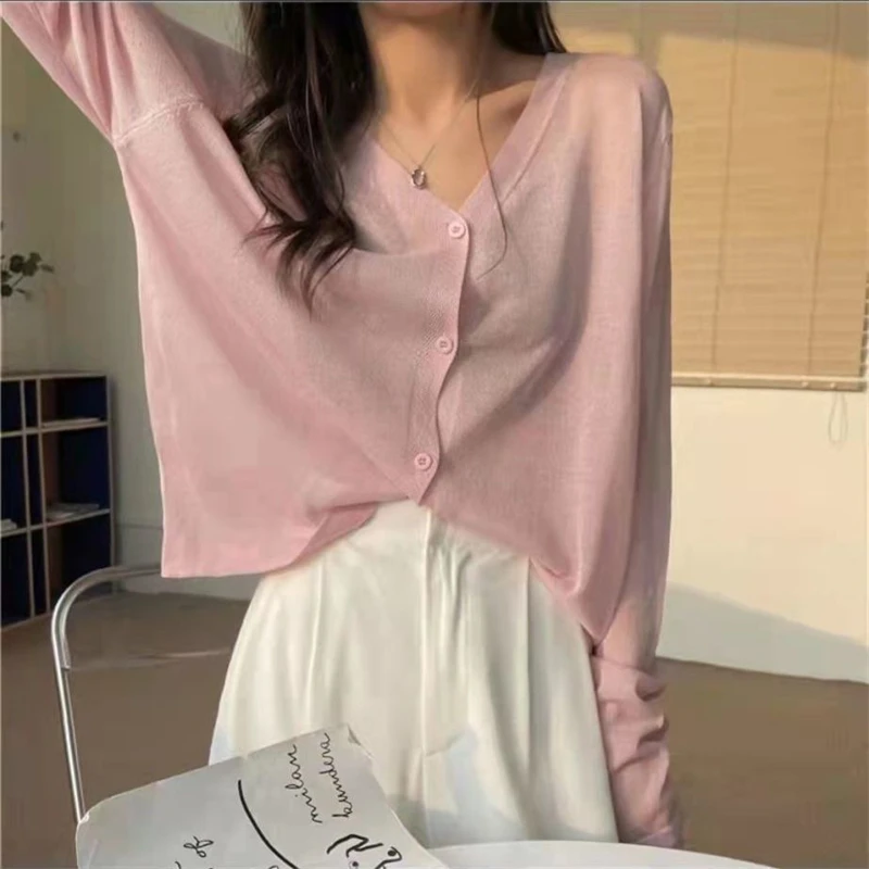 Womens Clothing Summer Korean Simple Style Comfortable Ice Silk Thin Knitwears Solid V Neck Long Sleeve Slim Fit Button Cardigan