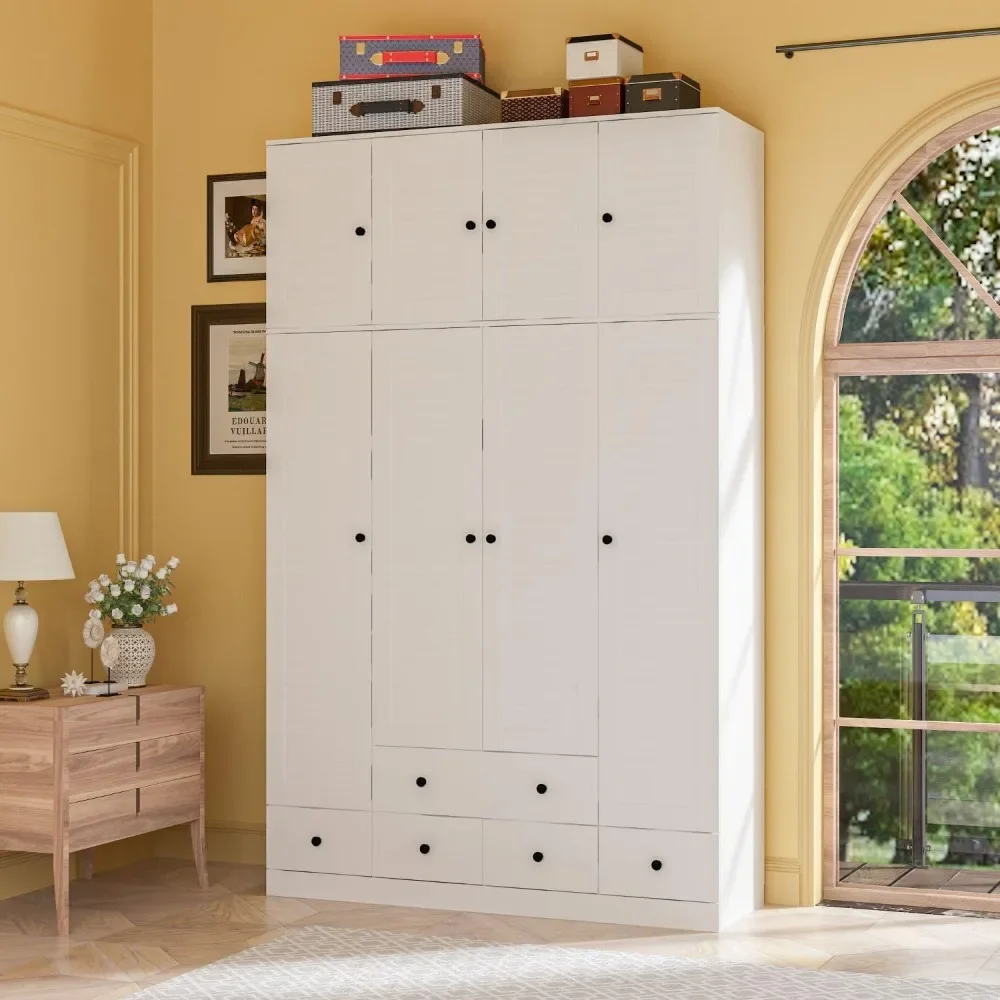 

4 Shutter Door Wardrobe Armoire Closet with Shelves and Drawers, Armoire Wardrobe Closet with 2 Hanging Rods, Cube Storage,White