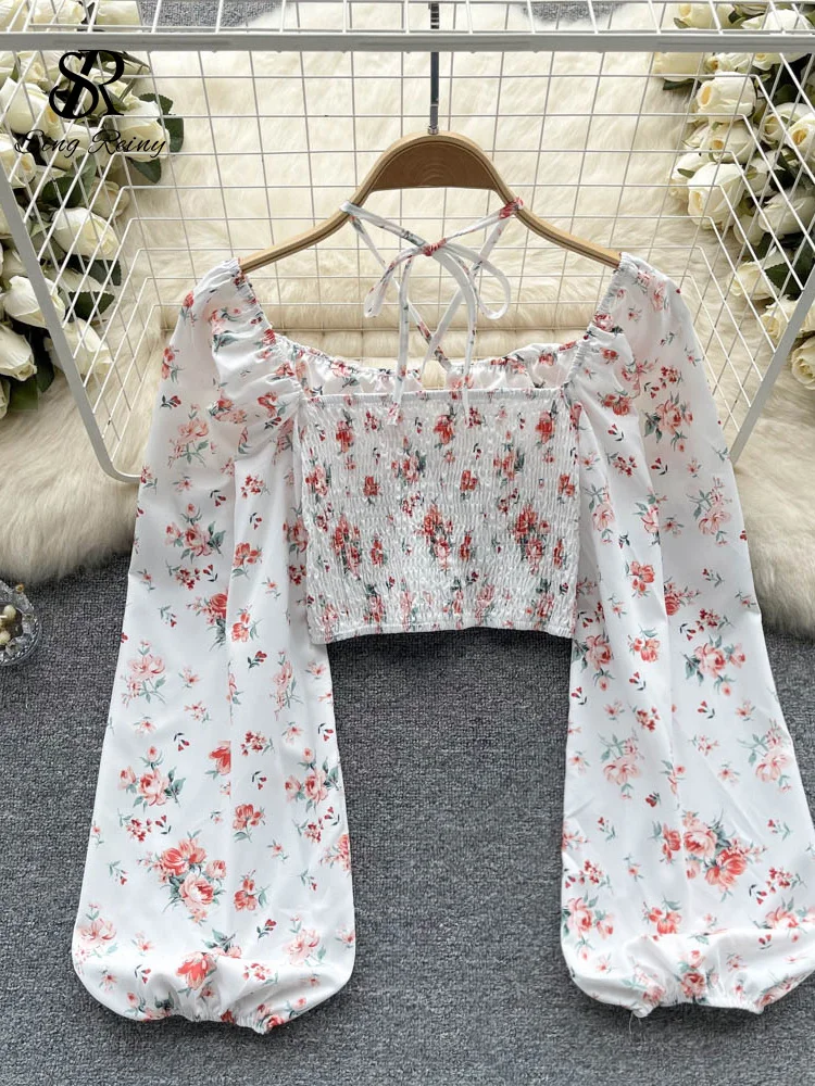 SINGREINY Summer French Style Print Short Blouse 2024 Long Sleeves Elastic Beach Top Women Fashion Backless Ruched Floral Blouse