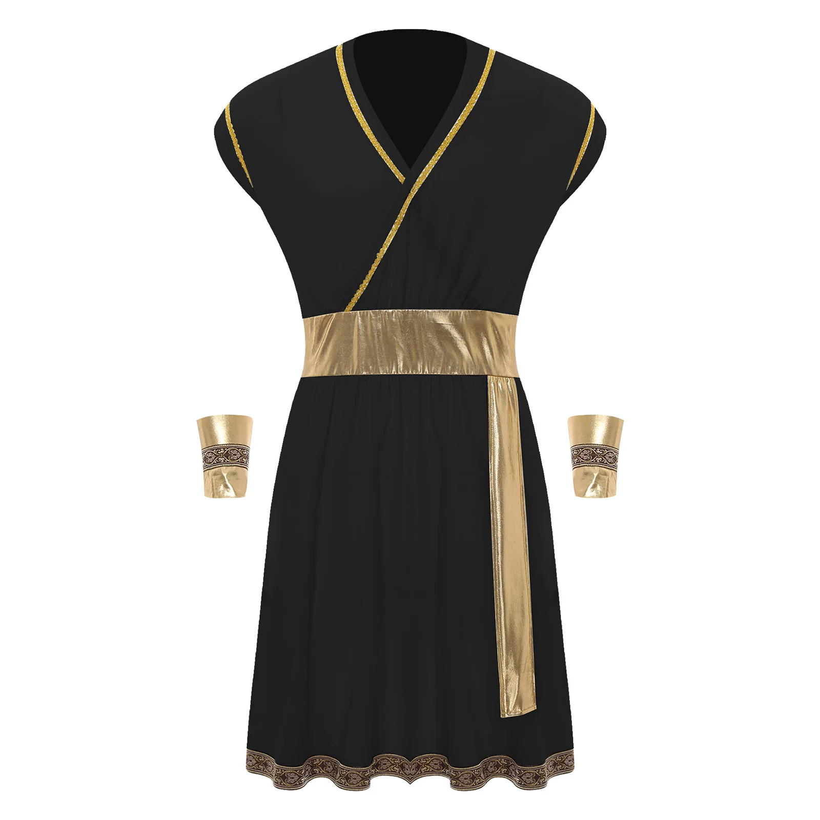 

Ancient Greek God Costume for Men Golden Braided Trimming And Metallic Patchwork Robe for Halloween Roleplay Themed Performance