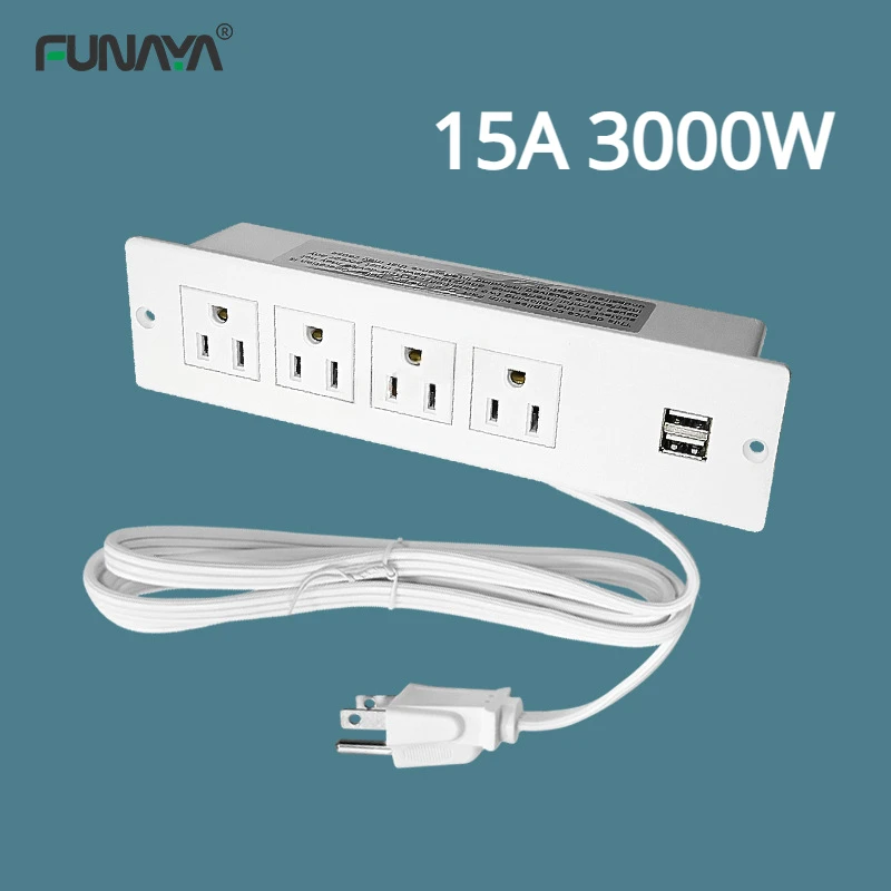 

US Embedded Hidden Table Socket UL 15A 3000W 4 Outlets 2USB 5V 2A with Extension Cord Desktop Furniture White Electric Sockets