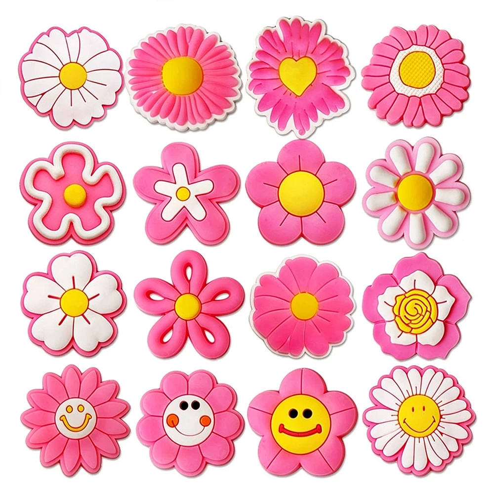 16PCS Cute Flower Daisy Sunflower Smile Face Shoe Charm Mix PVC Clog Wristband Decor Buckle Detachable DIY Waterproof Party Gift