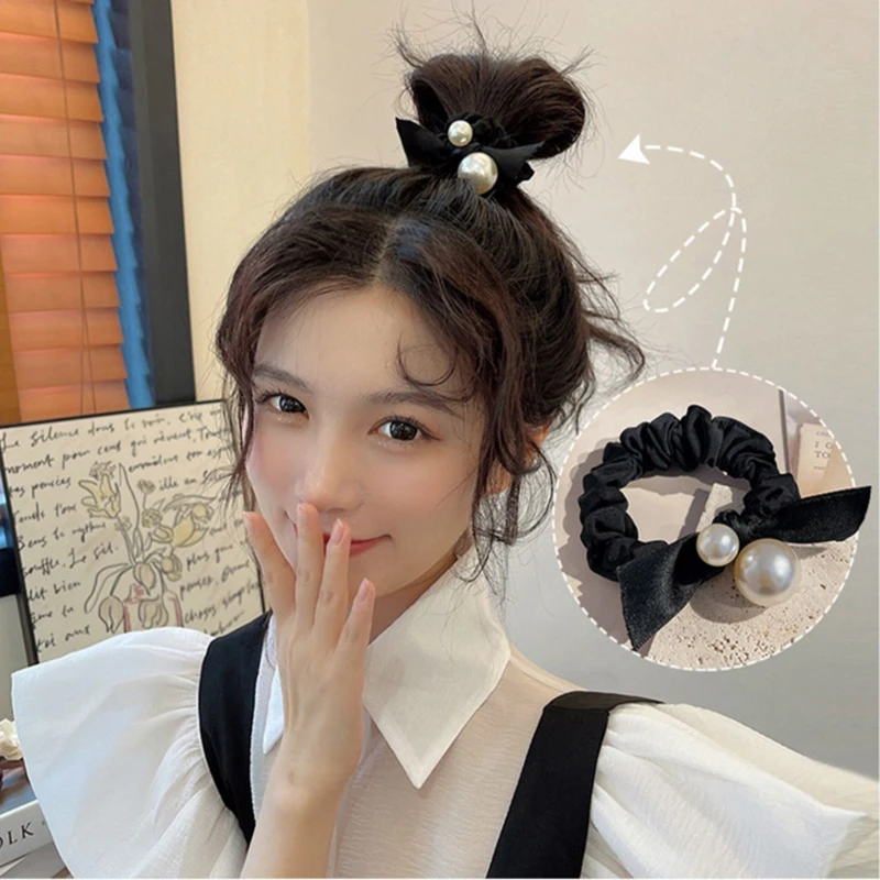 

New Korean Woman Fashion Big and Small Pearl Bow Hair Ties Girls Rubber Band Elastic Hairband Scrunchies Hair Ring Rope Headwear