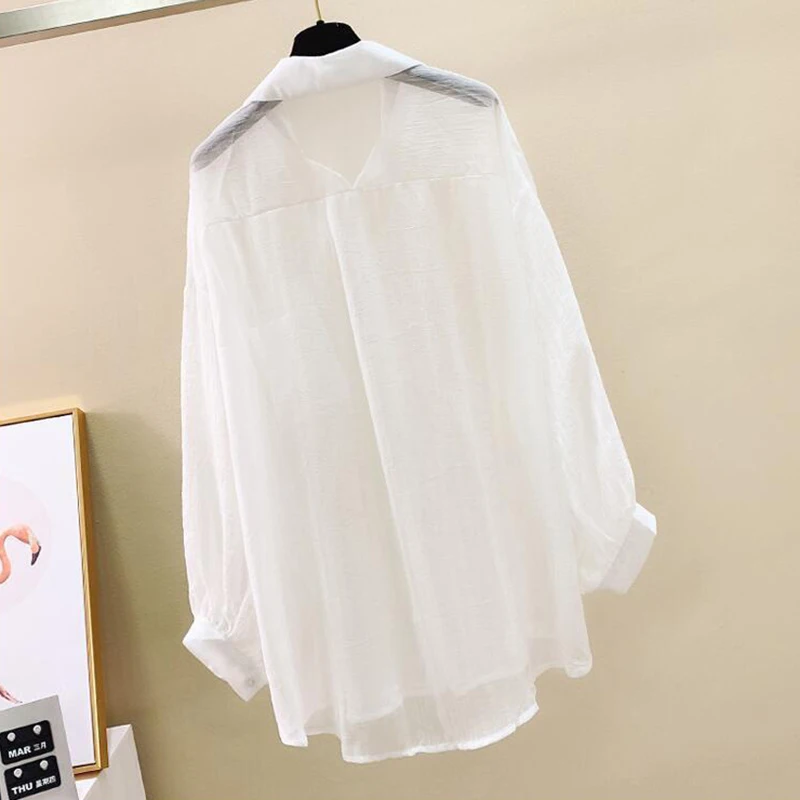 Chiffon Sun-Proof Shirt Women See-Through Casual Loose High Street Long-Sleeved Blouse Single-Breasted Turn Down Collar Cardigan