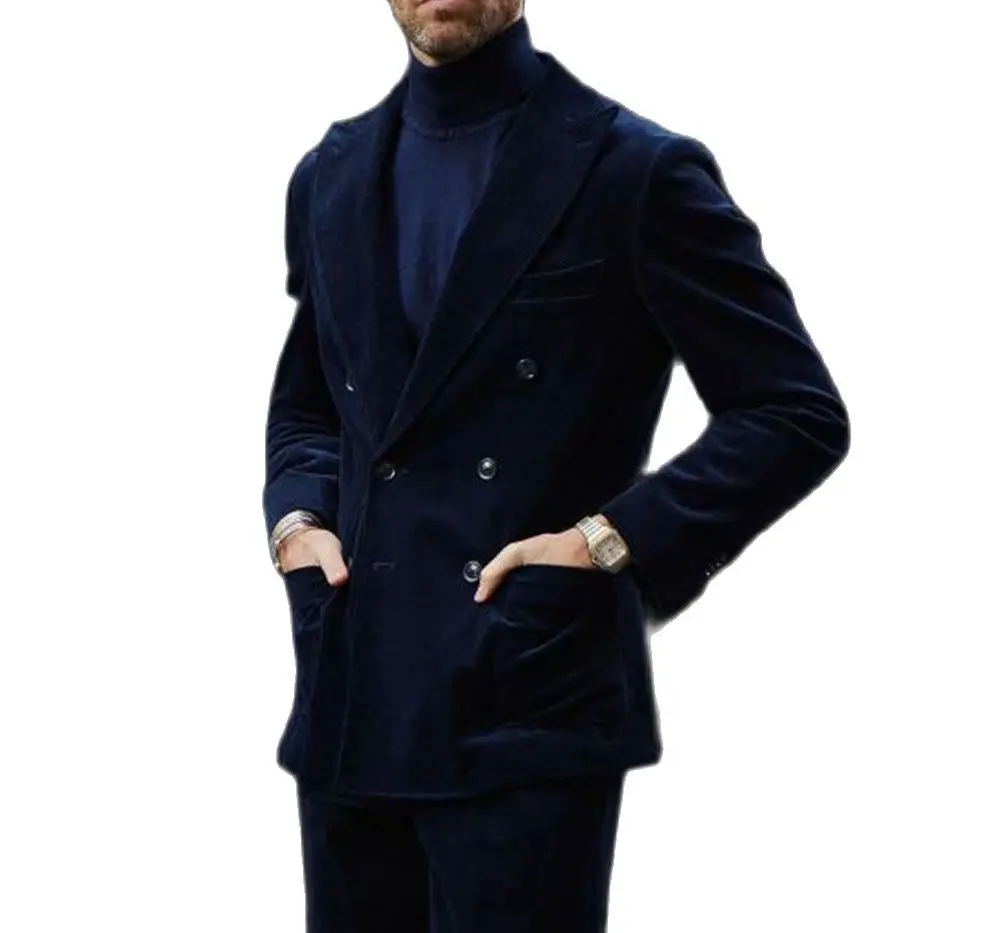 Dark Blue Men Suits Blazer Trousers Winter Thick Corduroy Suit Coat 2pcs Jacket Pants Peak Collar Men\'S Sets Business Suits Wear