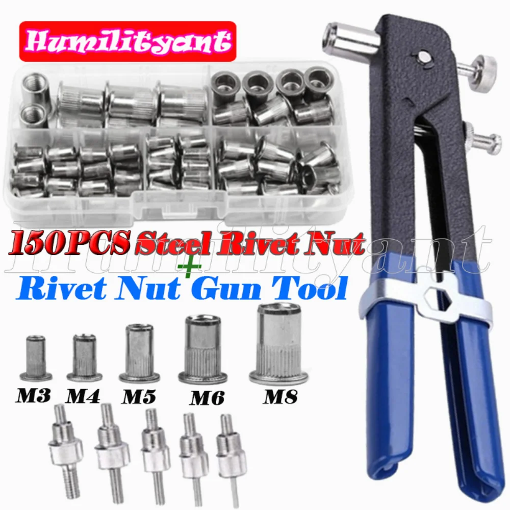 

100/150PCS M3- M8 Aluminum Rivet Nuts Knurled Riveting Nuts Flat Head Threaded Riveting Insert Nutsert Cap with 1PC Crimp Plier