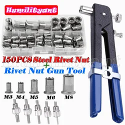 100/150PCS M3- M8 Aluminum Rivet Nuts Knurled Riveting Nuts Flat Head Threaded Riveting Insert Nutsert Cap with 1PC Crimp Plier