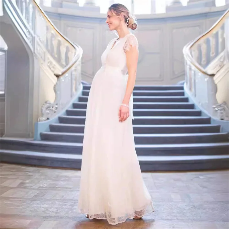 

Woman Pregnancy Clothes New Lace Photography Dress Summer Ruffle Short Sleeve Dresses Tulle Maternity V Neck Frock Photoshoot