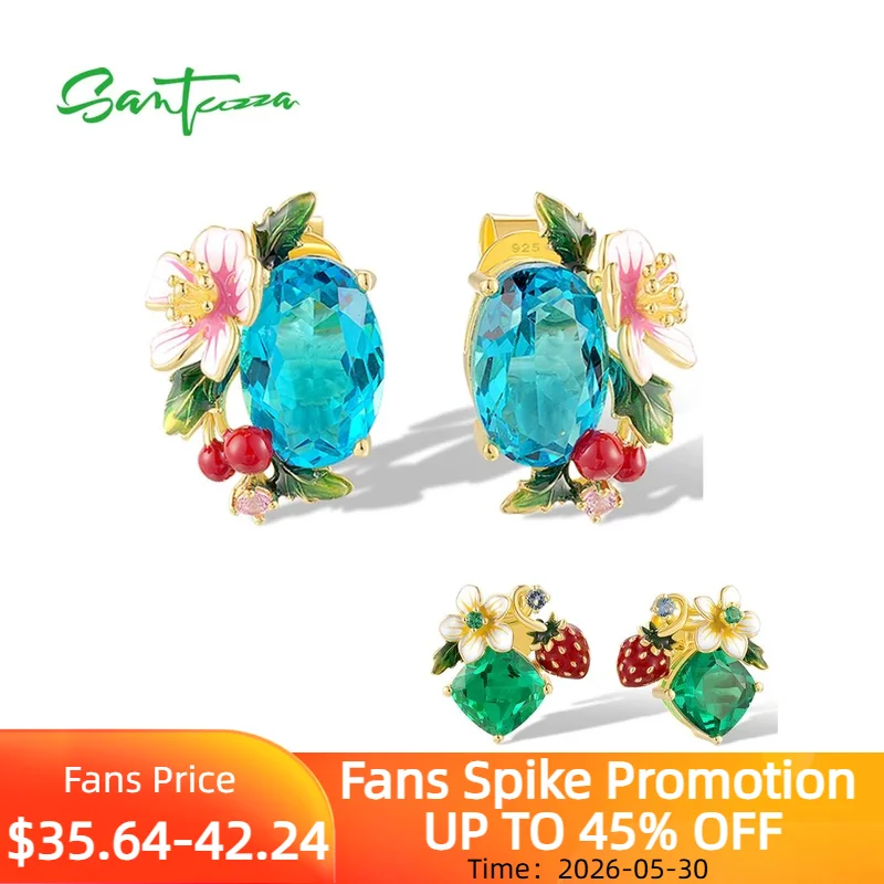 

SANTUZZA 925 Sterling Silver Earrings For Women Sparkling Colored Gems Sweet Style Strawberry Flower Chic Enamel Fine Jewelry