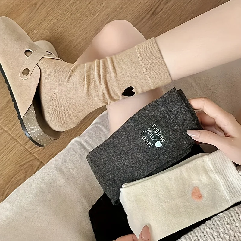 4 Pairs of Women's Heart Mid-Calf Socks,Sweet Autumn Winter Spring Versatile Cute Crew Socks,Solid Color Socks for Daily Use