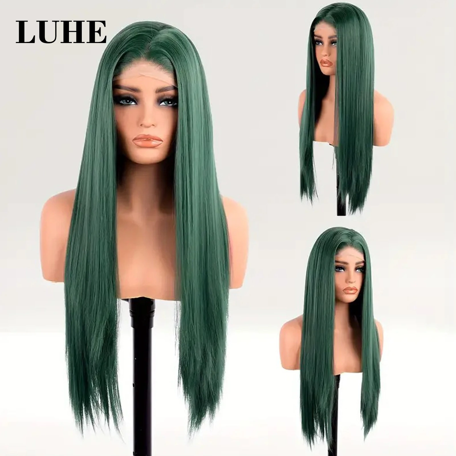 Dark Green Synthetic 13x3 Lace Front Wig for Black Women Cosplay 26Inch Long Straight Lace Frontal Heat Resistant Fiber Hair Wig