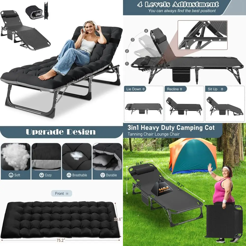Heavy Duty Adjustable 5-Position Folding Chaise Lounge Chair for Outdoor and Beach Use, Portable Lay Flat Design