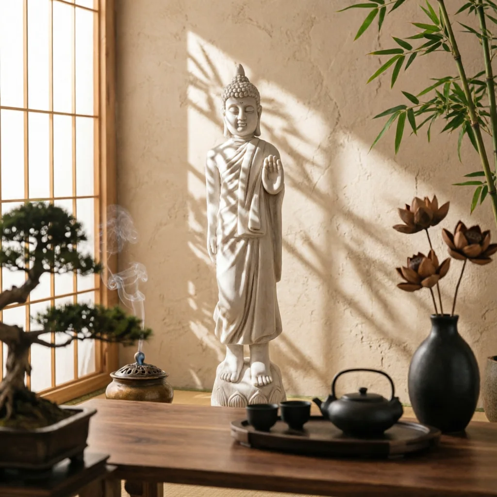 Lotus Base Buddha Statue Antique Style Standing Buddha Figurine Decor Item Textured Hair Curls Easy to Clean for Display