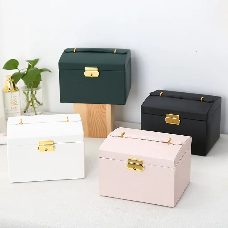 Three Drawer Handheld Jewellery Box Earring Ring Necklace Storage Box PU Leather Jewellery Display Box with Security Key Lock