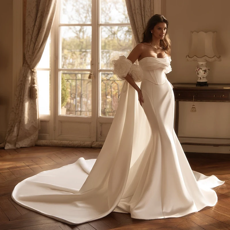 

Eightree Simple White Mermaid Wedding Dresses Strapless Satin Bridal Dress With Shawl Formal Maxi Wedding Prom Gowns Customized