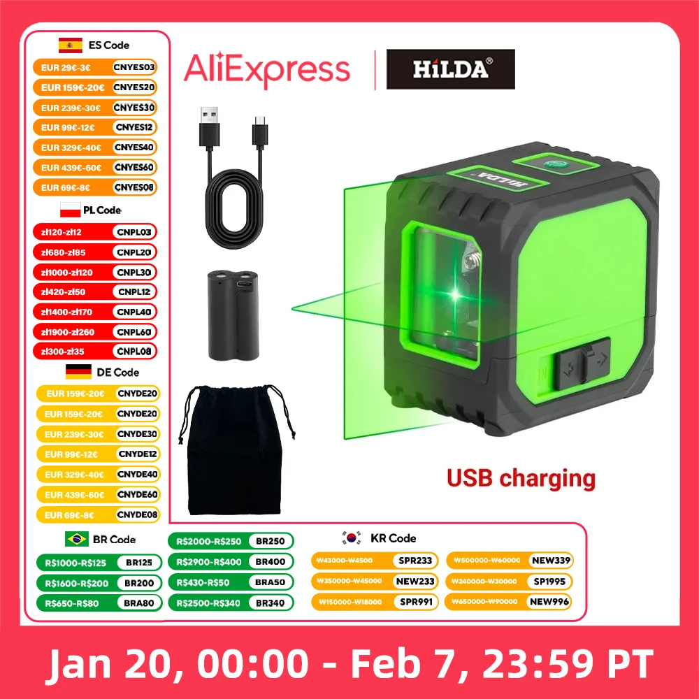 HILDA 2 Lines Mini Laser Level Self Levelling Green Beams Laser Horizontal & Vertical Cross-Line USB Charging