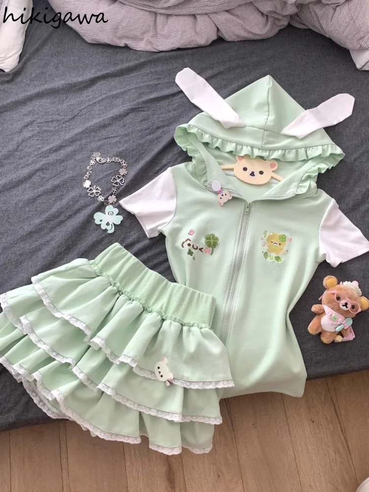 

Милое японское пальто, женская одежда, облегающая верхняя одежда с кроличьими ушками и капюшоном, летние куртки на молнии с короткими рукавами, топы 2025 Roap Mujer