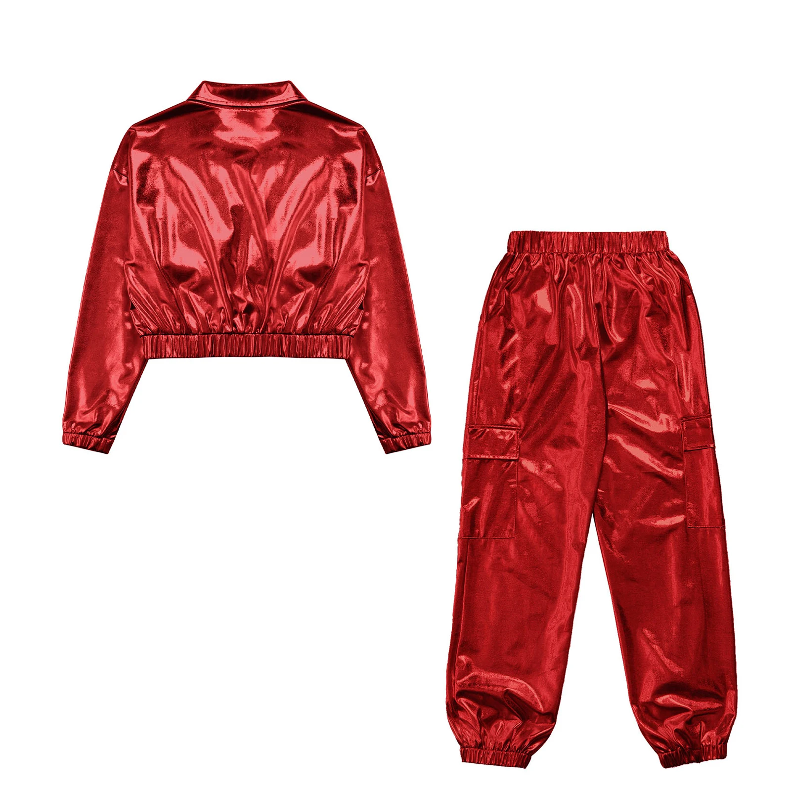 Kinder Jungen Mädchen Jazz Hip-Hop Street Dance Performance Kostüm Metallisch glänzend Langarm Sportjacke Mantel mit Hosen Outfits – Detail 30