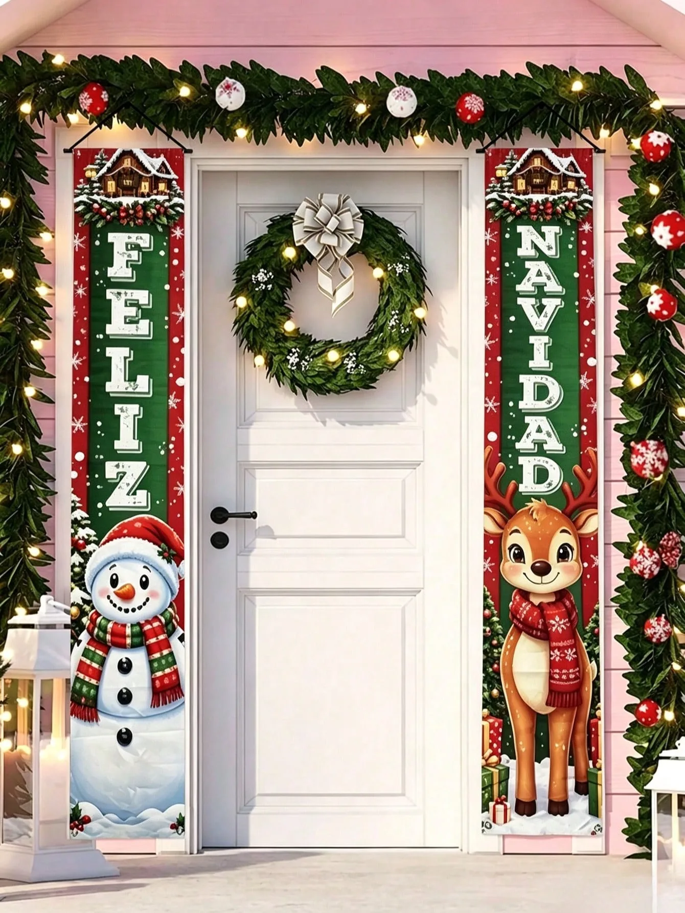 2 Stück „Feliz Navidad“ Türbanner aus Polyester, Weihnachts-Veranda-Schild mit Schneemann und Rentier, Hängeflagge für die Haustür, Feiertags-Party-Dekoration