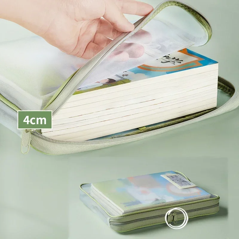 A4 Clear Mesh Zipper Document Bag L Shaped File Folder Portable Exam Organizer with Handle Book Storage Pouch for Students