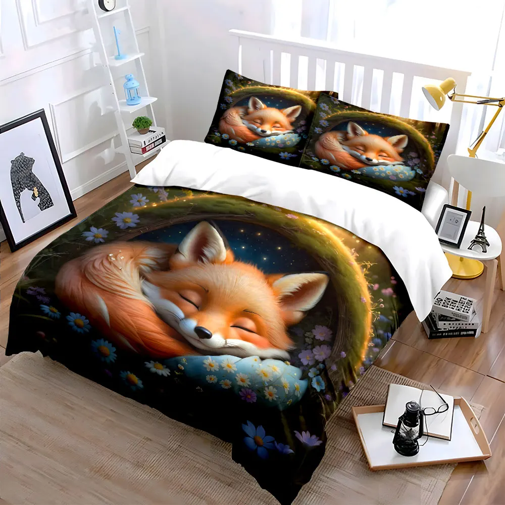 Cute fox sleeping in flowers Bedding Set for Kids Luxury Gift 3pcs Digital Print Comforter Set Soft Comfortable Breathable