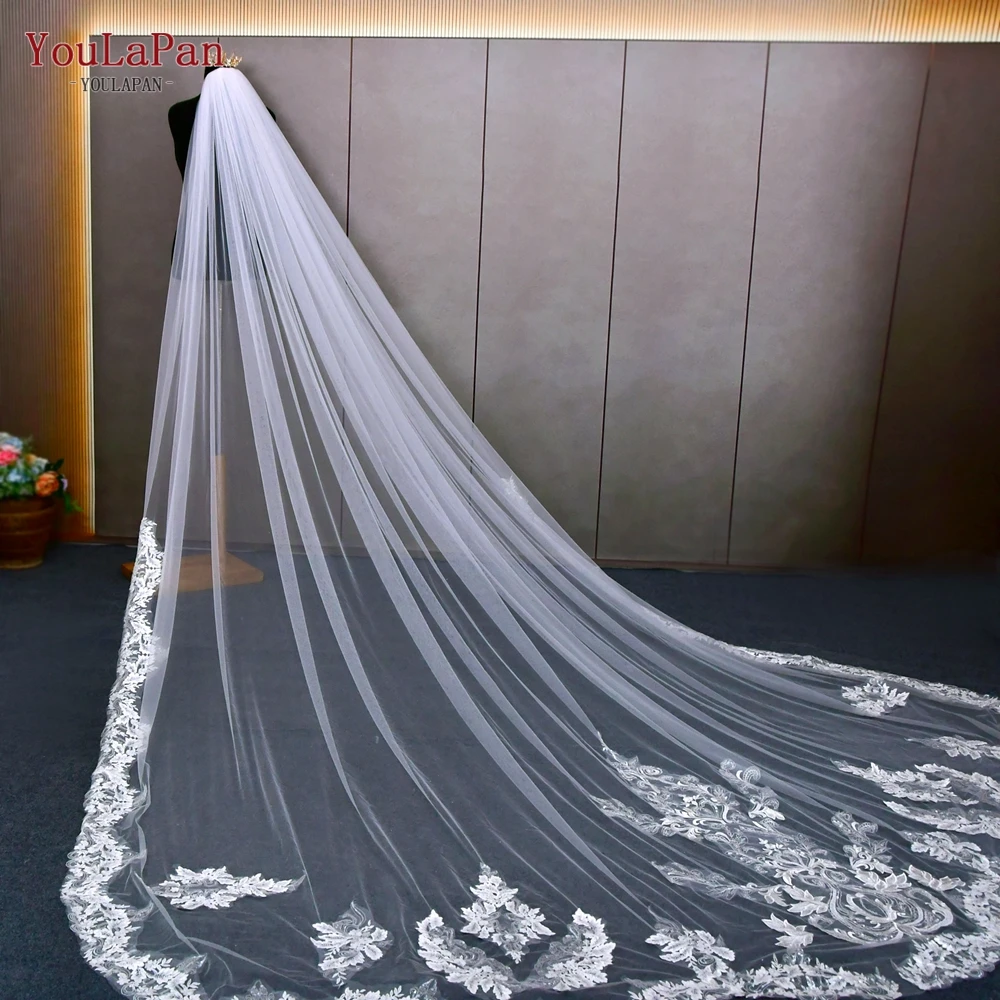 YouLaPan V151 Bridal Velis of 3 Meters Cathedral Long Veil Wedding Veils with Lace and Beading Floral French Lace Trim Soft