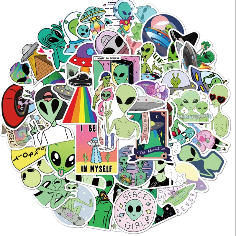 50PCS Cartoon Alien Graffiti Waterproof Stickers Creative Trendy Fridge Skateboard Mug Guitar Helmet Guitar  Decoration Stickers