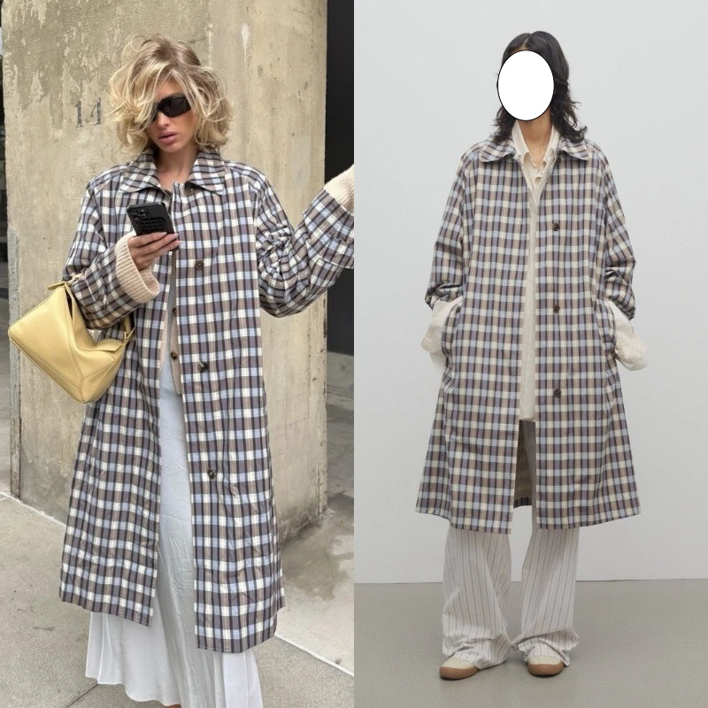 

LUXURY Plaid Printed Trench Coat for Women with Vintage Style and Loose Collared Jacket, Autumn/winter 2025
