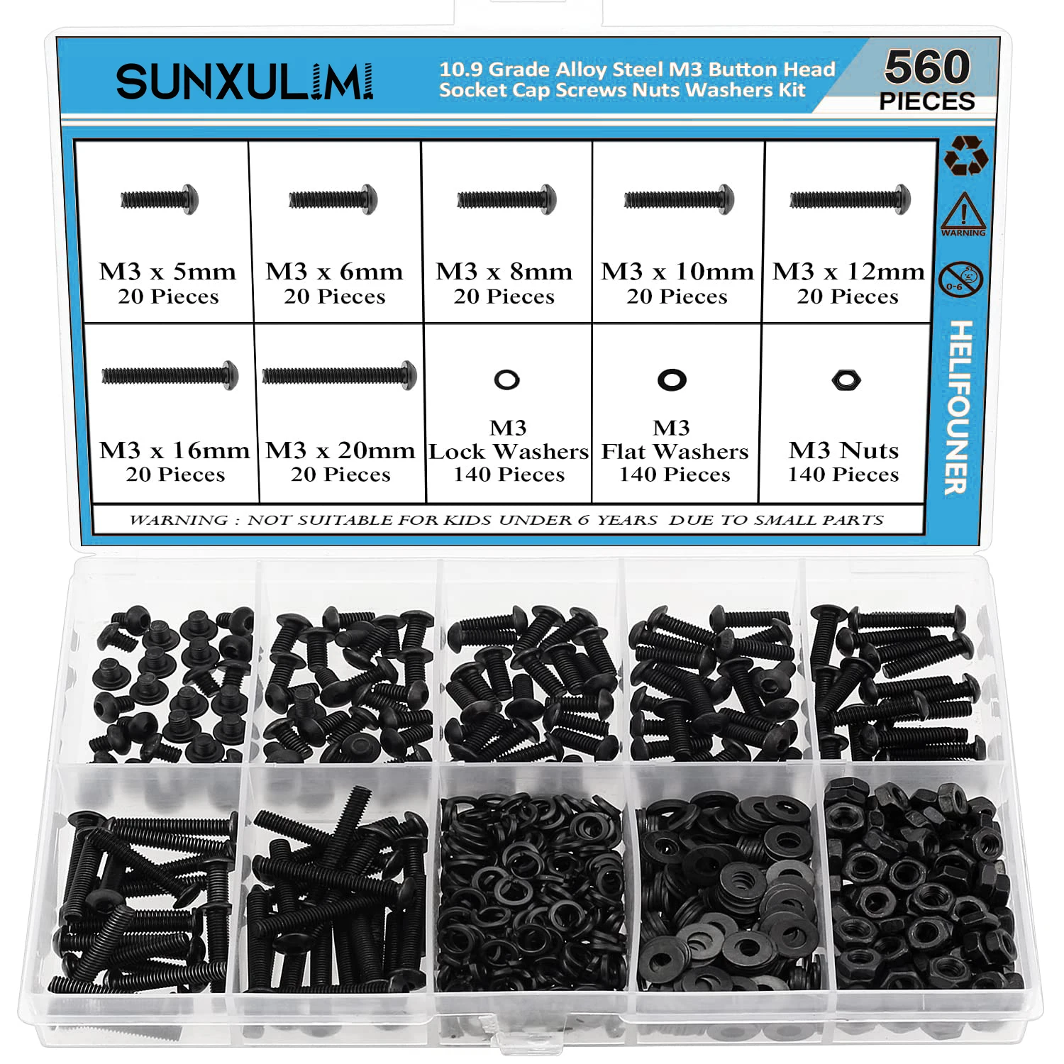 

560 штук М3 x 5/6/8/10/12/16/20 мм, комплекты внутренних шестигранных винтов с полукруглой головкой, гаек, шайб и шайб, 10.
