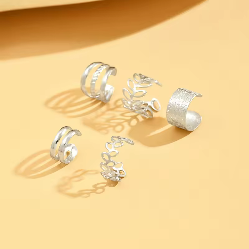 5pcs/set Trendy Elegant Design Ear Cuff Classic Elegant Style Gifts Women's No Piercing Clip silver Earrings Circle Leaf Shaped - Image 4
