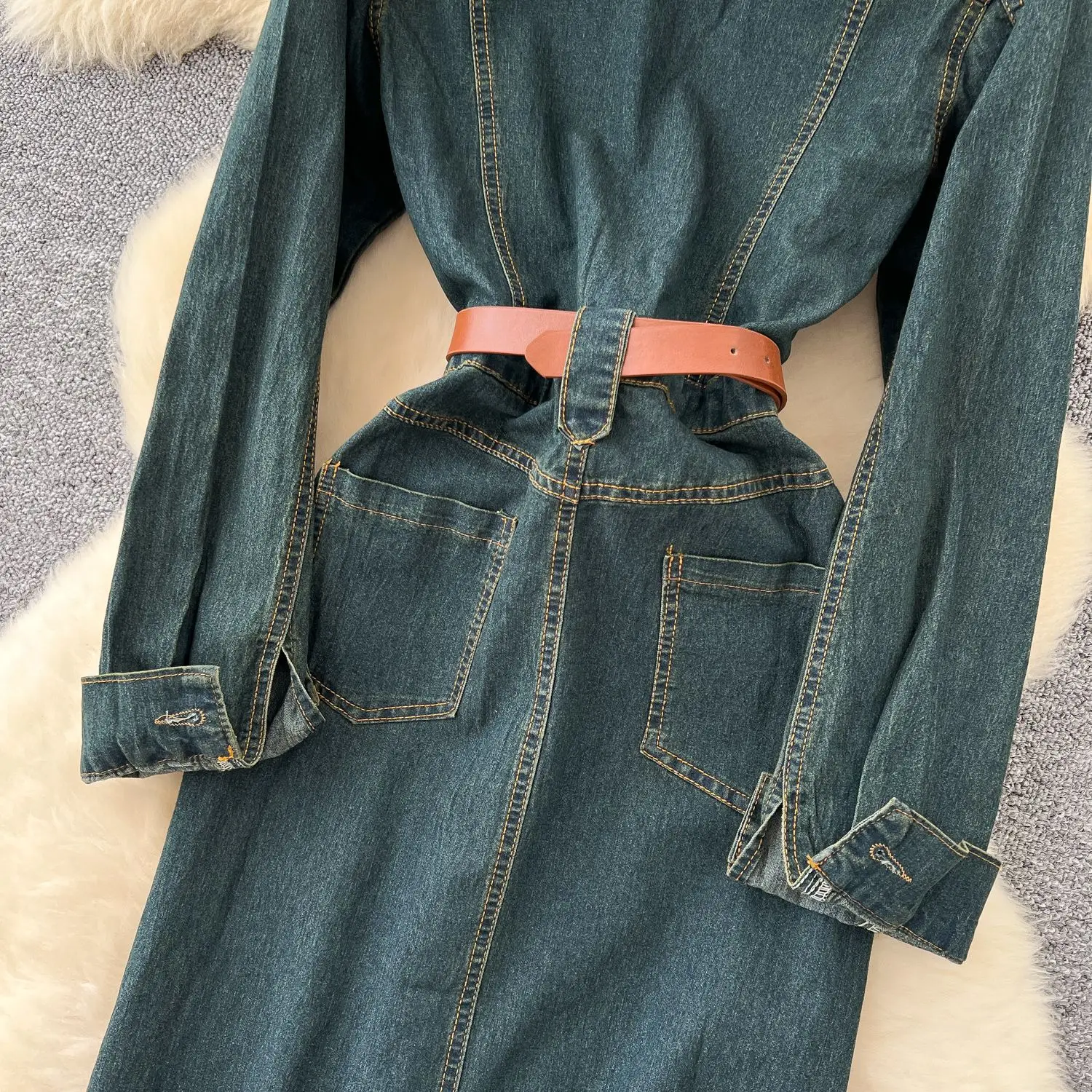 Women Denim Dresses Maxi Long Dress Tassel Turn Down Collar Long Sleeve Single Breasted Straight Office Lady Casual 2025 Autumn