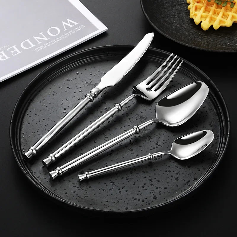 4pcs European 304 Stainless Steel Cutlery Sets French Tableware Knife Fork Spoon and Teaspoon Restaurant Full Dinner Service