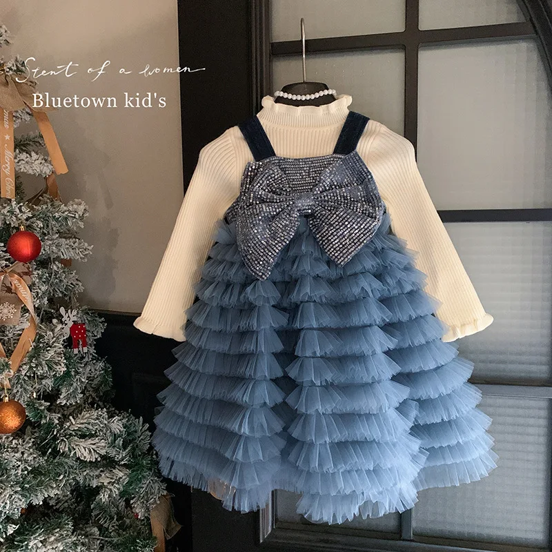 

Girls' New Fashionable Knitted Top with Bowknot Sequin Dress Two-Piece Set
