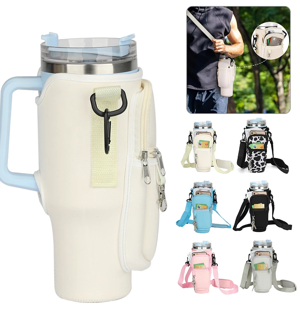 40oz Neoprene Water Bottle Carrier Bag Adjustable Shoulder Strap Water Bottle Holder Pouch For Stanley Quencher Cup Sleeve 