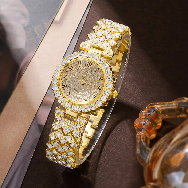Glittering Luxury Rhinestone Womens Watch Set - Precise Quartz, Timeless Golden Fashion, 6-Piece Analog Wrist Watches & Jewelry