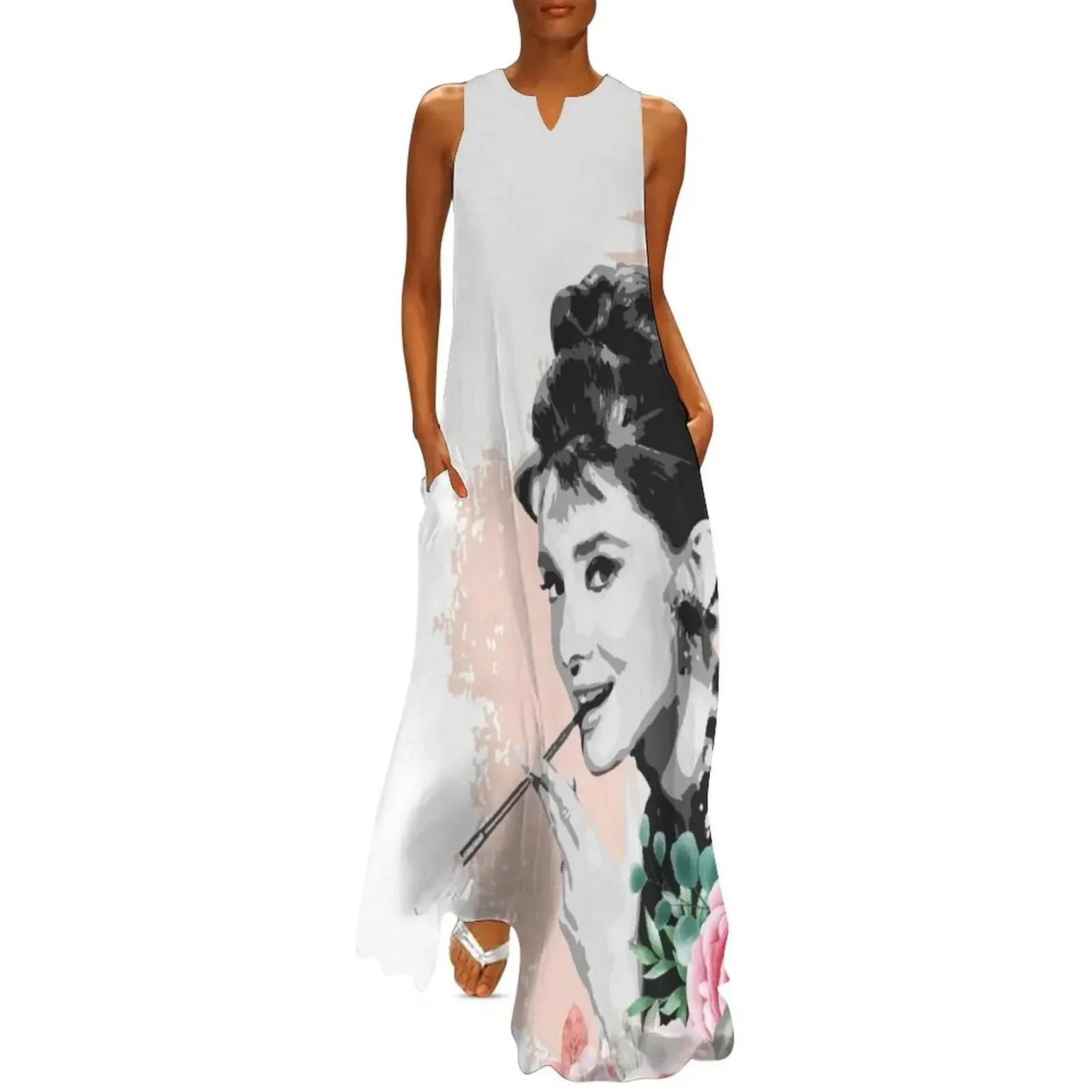 

Audrey Hepburn T-Shirt Sticker Flowers Illustration Hoodie Notebook Flowers Floral Watercolor Long Dress Female dress Dress