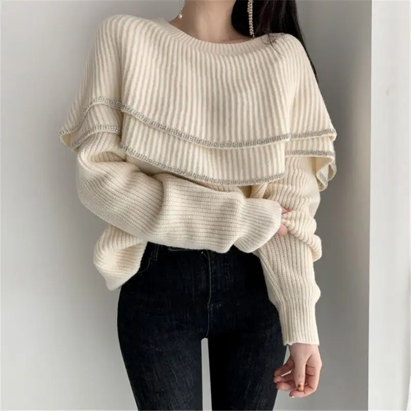 Sweater Round Collar Knitting Patchwork For Women 2024 Spring Fashion Female New Elegant Sweater Long Sleeve Tops Wear