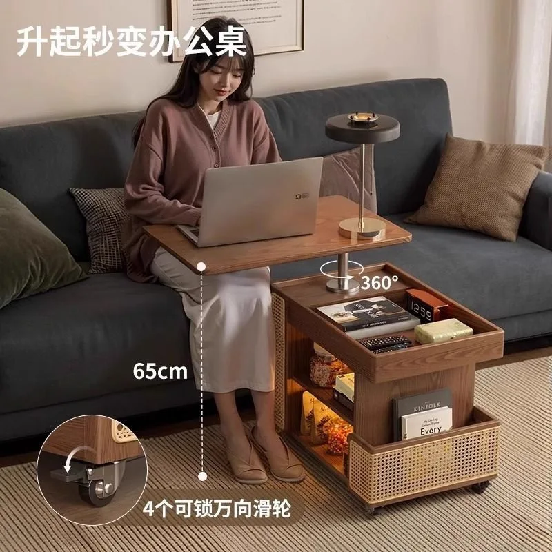 Solid wood mobile pulley lift coffee table bus small apartment household living room sofa side cabinet antique trolley rotation