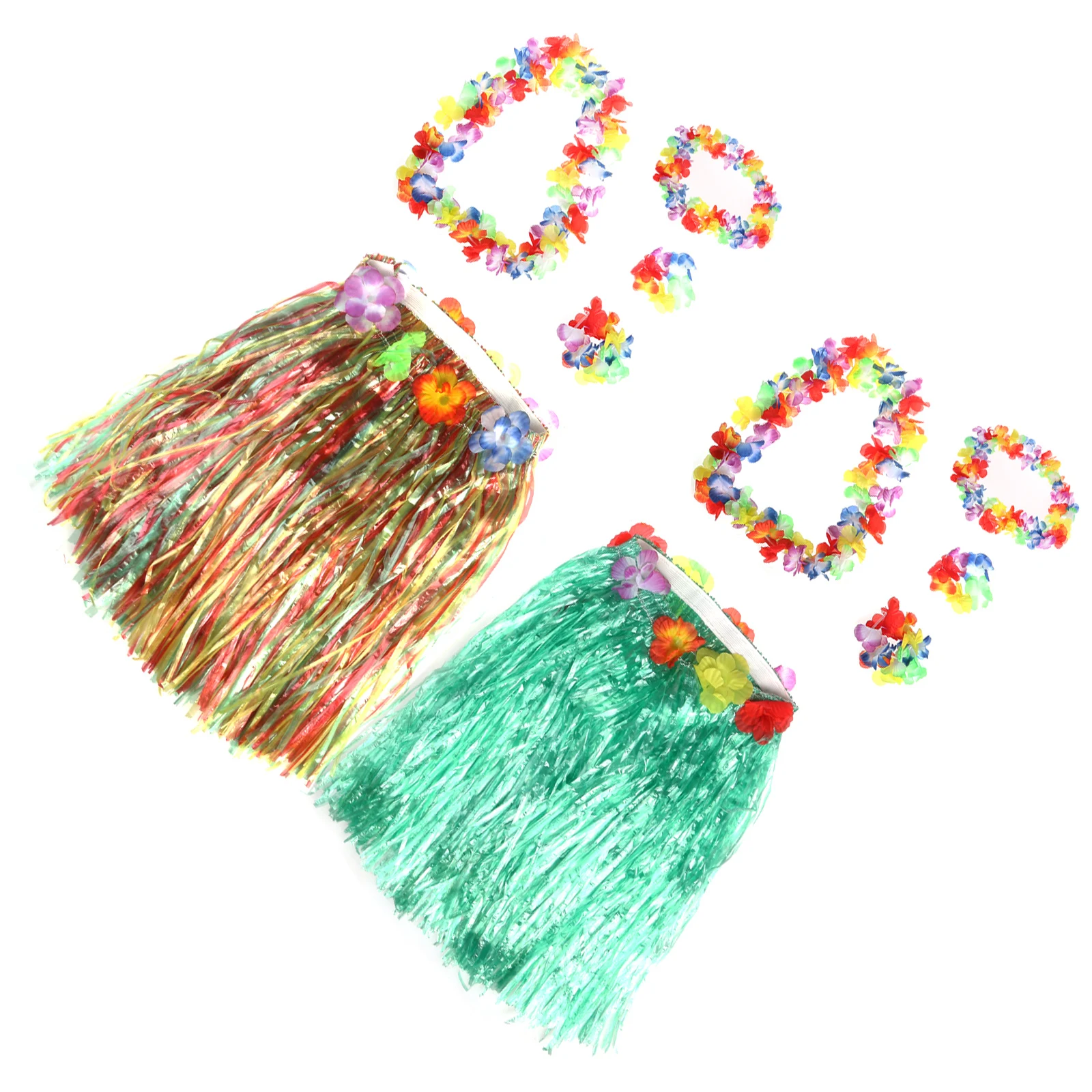 

2Set 40cm Hawaii Tropical Hula Grass Skirt Set Colorful Flower Bracelets Headband Necklace Adjustable Waistband for Luau Wedding