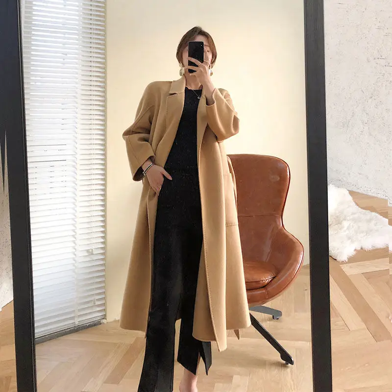 Water ripple coat women's double-sided autumn and winter new knee coat lace-up long one