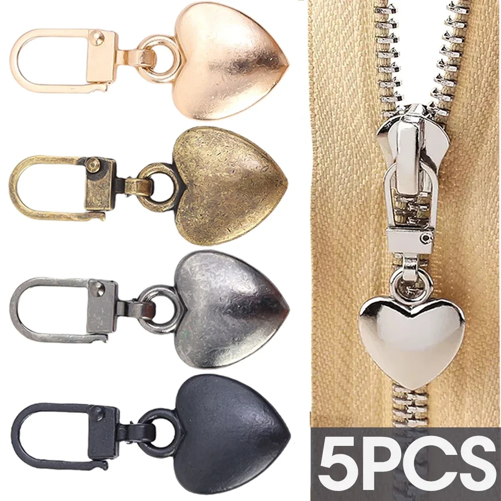 5/1PCS Sewing Zippers Puller Head Heart Shape Detachable Metal Zipper Slider Repair Kits for Bags Backpack Coat Zipper Pull Tab