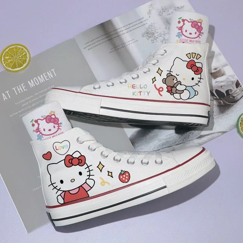 

High top canvas shoes, women's spring, summer, autumn cartoon Hello Kitty student sports shoes, flat bottomed board shoes