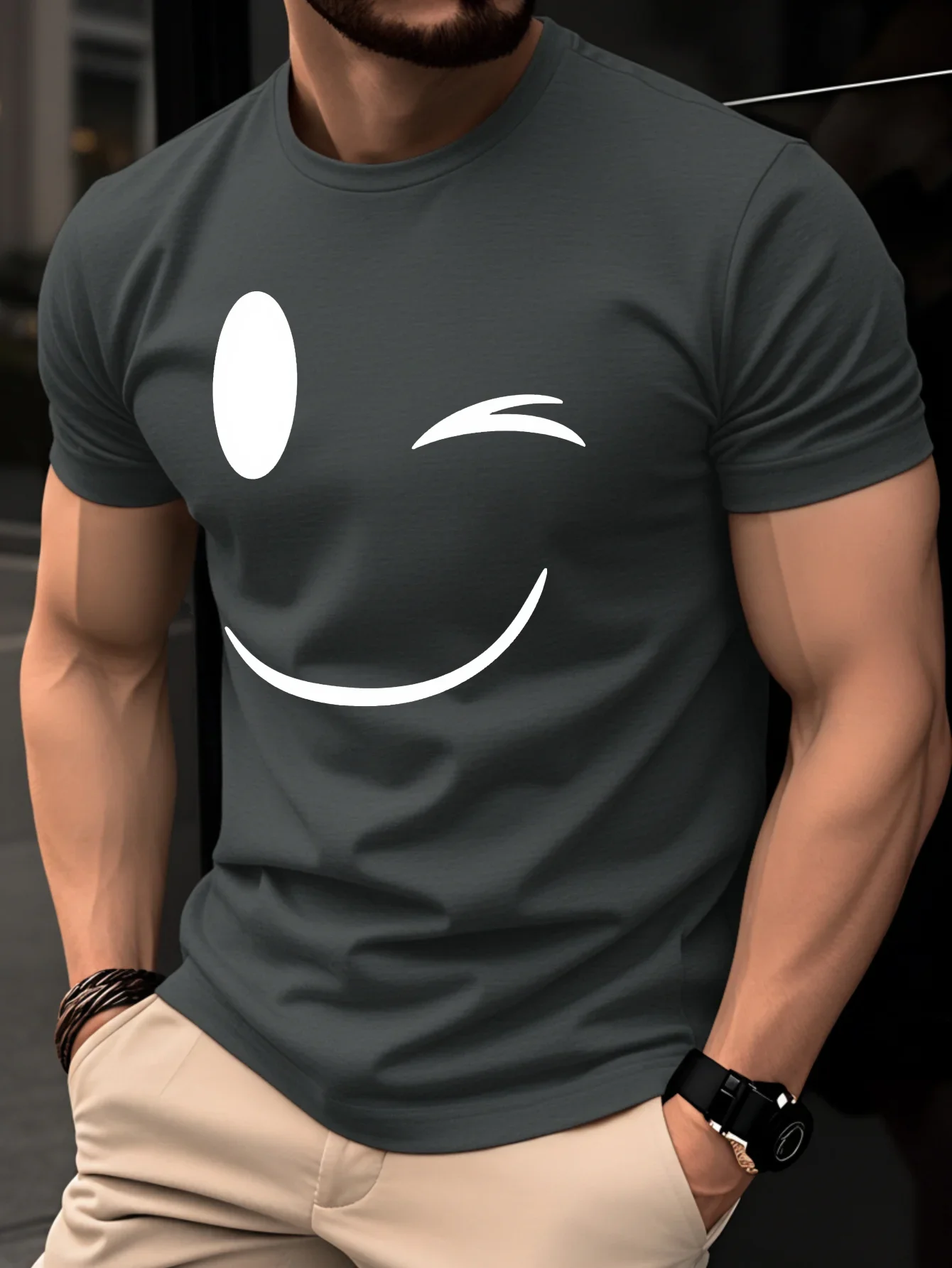 100% Pure Cotton Summer Men's and Women's Short-Sleeved T-Shirt, Simple and Oversized Smiling Face Print for Commuting Outdoors