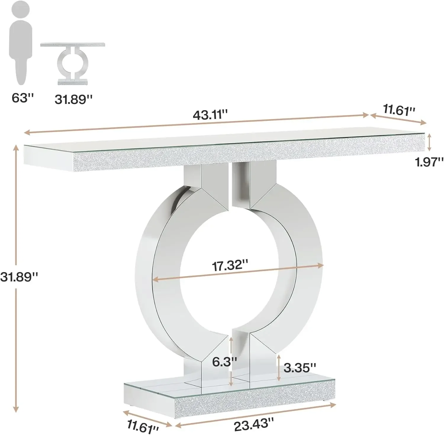 43-Inch Mirrored Console Table with O-Shaped Base, Modern Entryway Table Glass Sofa Table with Mirror Finish, Rectang