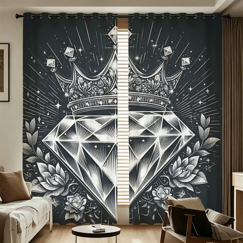2 Panels Luxury Diamond Crown Printed Curtains Black White Gem Floral Pattern Light Blocking85% Drapes for Bedroom Living Room