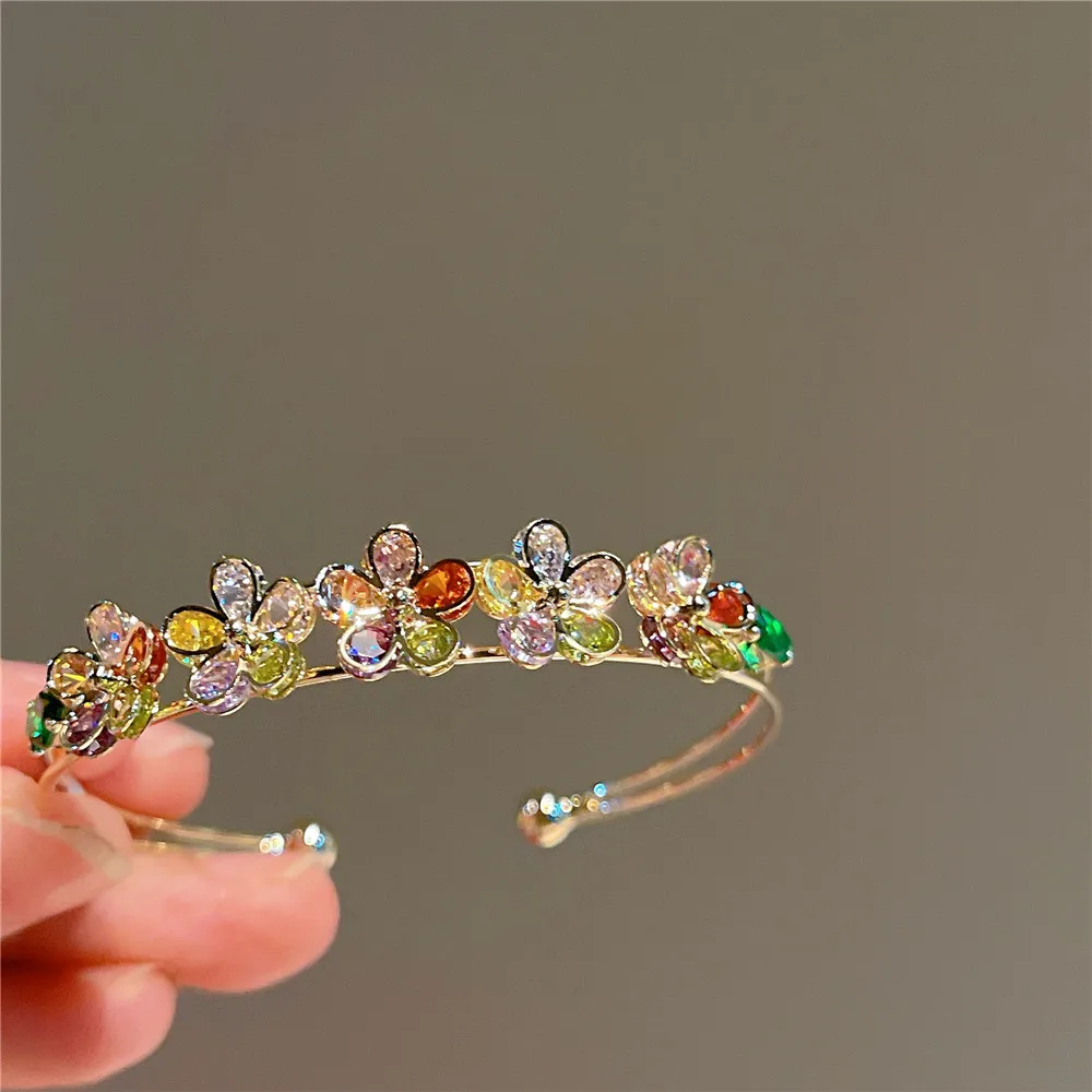 Colorful Small Flower Bangles For Women Adjustable Shine Zirconia Fine Jewelry Fashion Party Charm Accessories Cuff Bracelets