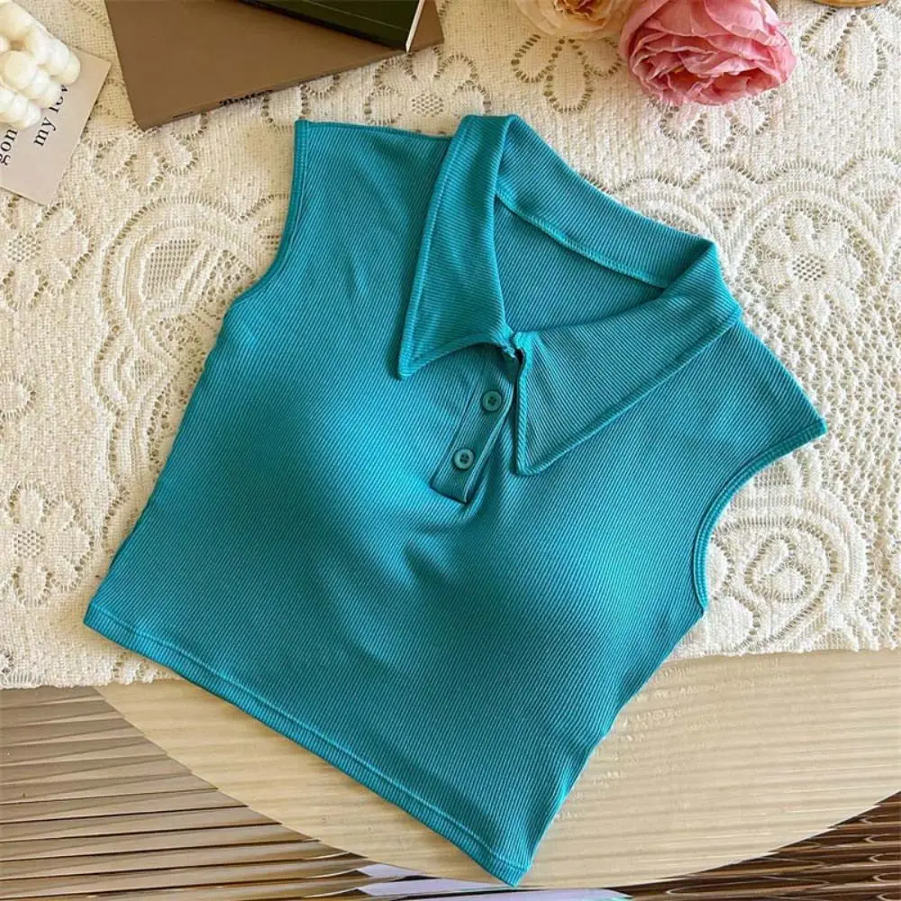 

Sweet Solid Color Korean Y2K Crop Tops Cotton V-neck Polo Neck Thin T-shirt with Chest Pads Sleeveless Slim Short Vest Ladies