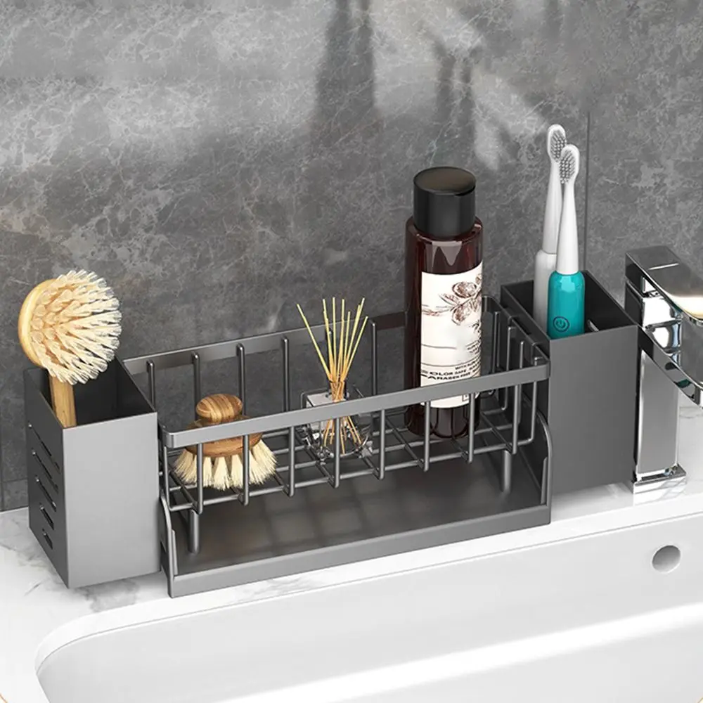 

Self-draining Kitchen Sink Rack Rustproof Quick Dry Drain Rack Organizer with Rod Removable Storage Cup Auto Draining Tray