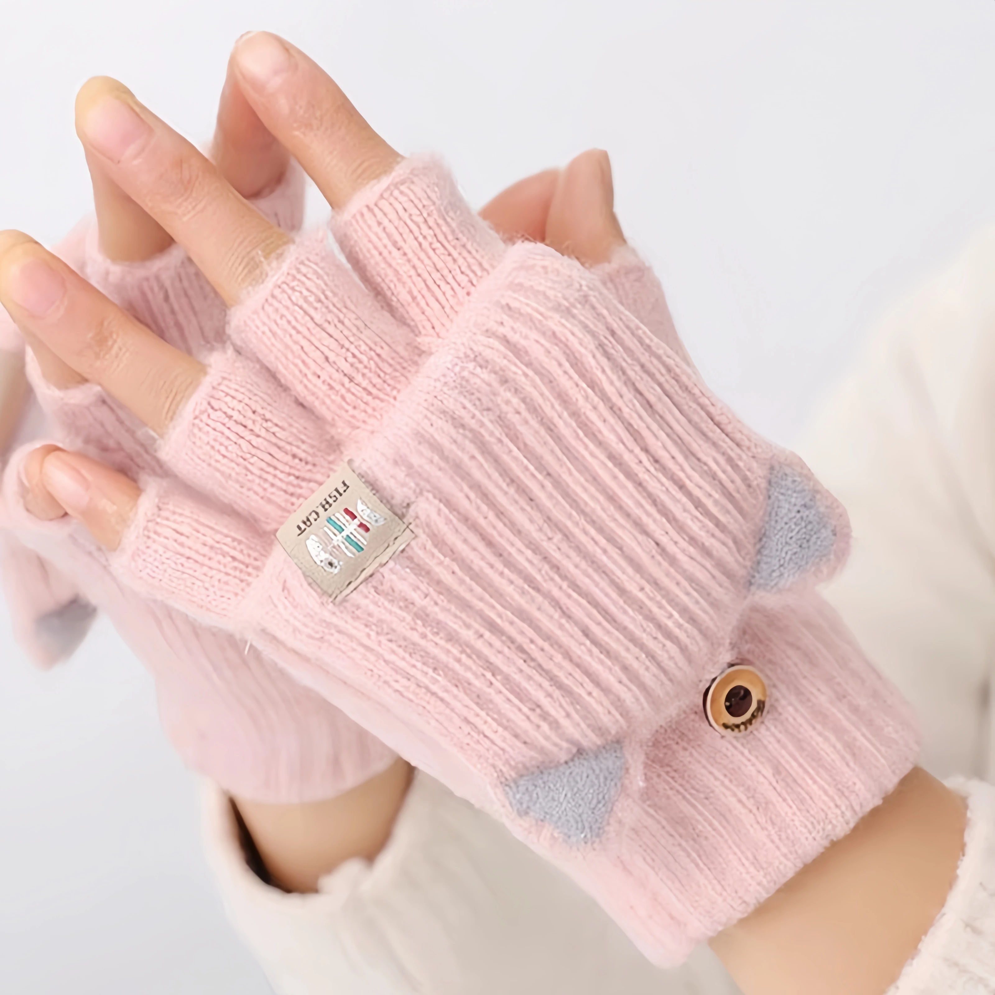 

Thickened Woolen Half-Finger Gloves for Girls Writing Warm Cute Autumn Winter Children's Gloves Sweet Style Handmade Craft