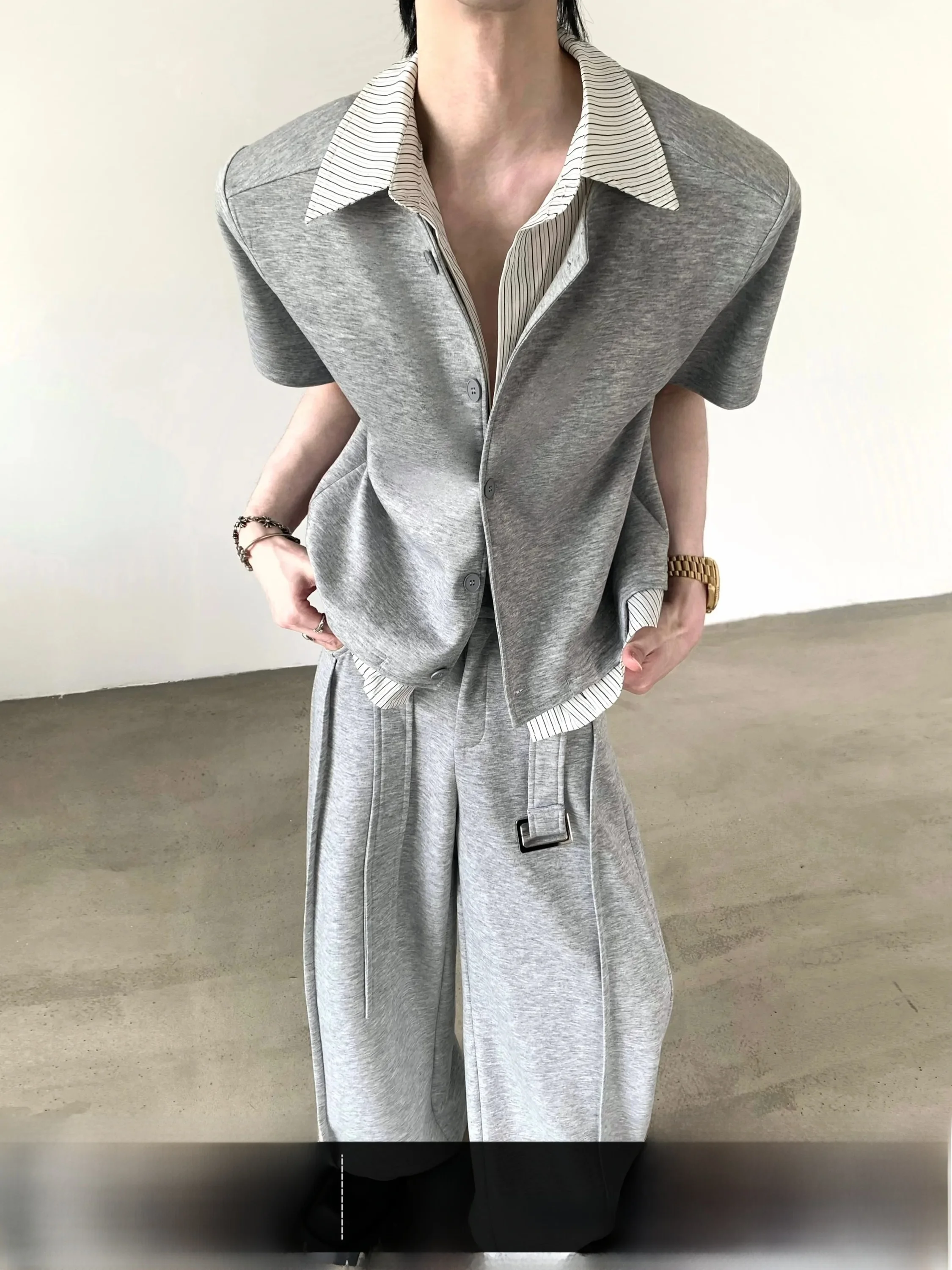 Autumn Mountain Elegant Patchwork Fake Two-Piece Jacket Men's Summer Old Money Grey Set Shoulder Pad Short Sleeve T-Shirt